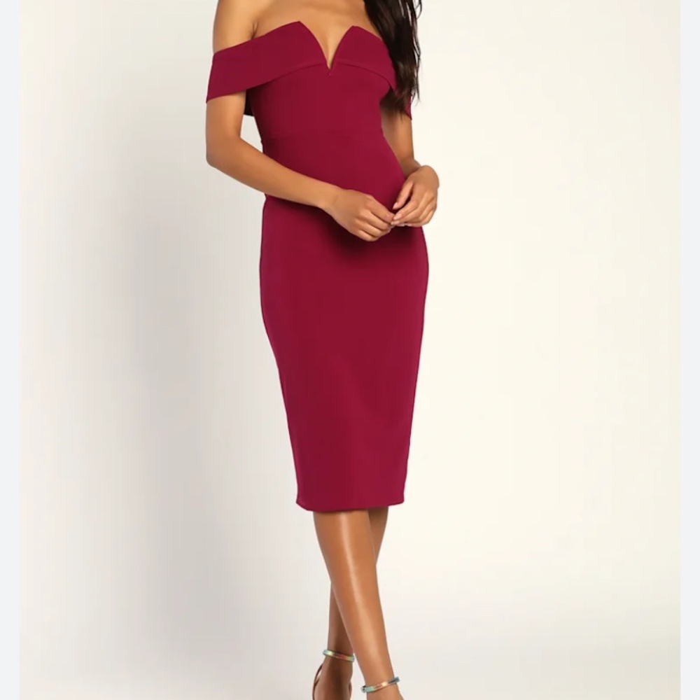 Lulus My Favorite Night Magenta Off-the-shoulder Bodycon Midi Dress